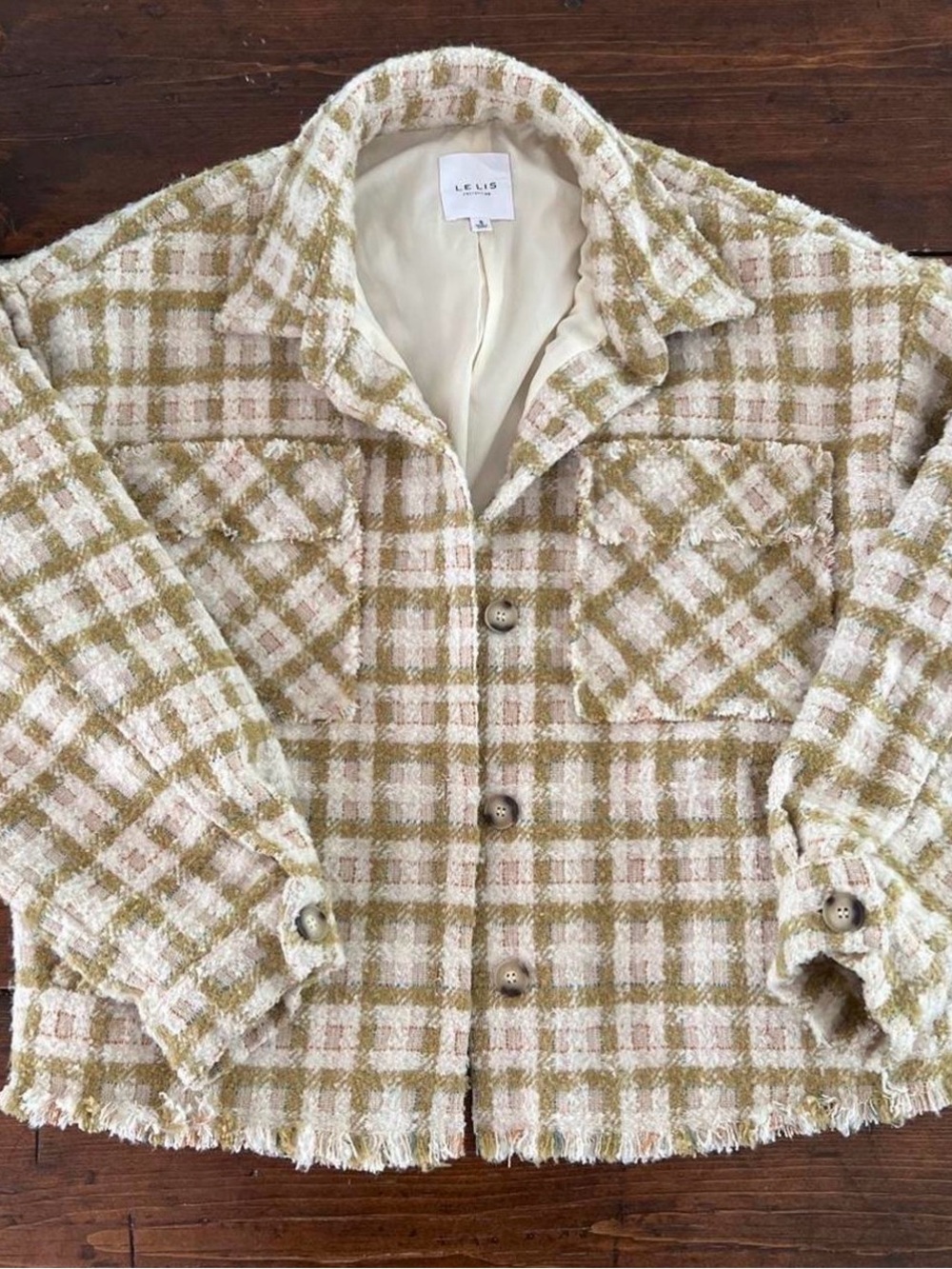 Le Lis Cream Tweed Jacket with Olive Plaid Accents